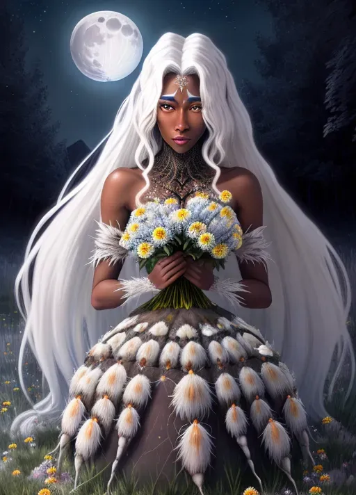 shelob, giant spider, brown skin, white hair, skinny, blushing, full body, flowering meadow, beautiful, full moon, three moons, night sky