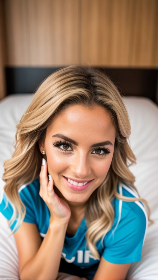 Number 345,
- Ethnic group - German,
- Age - 24 years,
- Skin type - fair,
- Hair color and style - blonde, shoulder-length, loose waves,
- Face - oval shape,
- Eyes - blue, sparkling with excitement,
- Mouth - wide smile, full lips,
- Nose - straight and petite,
- Clothing style - casual sporty, wearing a Germany football jersey, denim shorts,
- Location - inside the bed, in Germany jersey,
(((- Position - lying flat in bed))),
- Teasing pose - jumping in unison, feet off the ground, showing camaraderie,
- Emotional expression - exuberant joy, mouths open in mid-cheer,
- Accessories - Germany flag painted on her cheeks, team scarf around her neck, friends with similar accessories,
- Make up - minimal, natural look with emphasis on eyes,
- Tattoos - small soccer ball tattoo on her ankle, possibly matching tattoos on friends,
- Camera angle - slightly below eye level, looking up to capture the groups collective excitement,
- Lighting - natural stadium lights, high contrast,
- Resolution - high resolution for sharp details,
- Camera type - DSLR,
- Camera settings - f2.8, 1-1000s shutter speed, ISO 800,
- Focus - on the group, background blurred to emphasize their unity,
(in Hotel room), Shirt pull Off,
