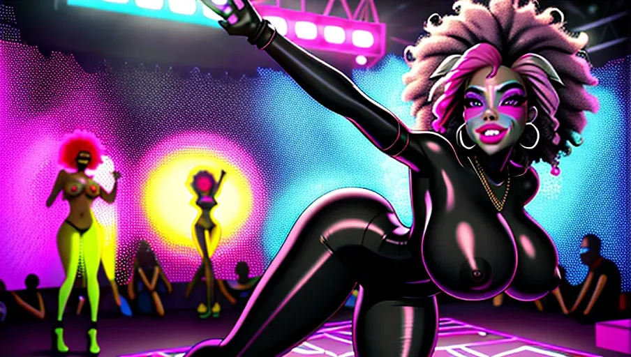an 8k resolution ultra wide full realistic professional full body photo using nikon 36 megapixel d800e camera of Ana da Armas dancing in a cage, Appearance:curly neon pink afro hair,highlt detailed face, highly detailed teeth,carnival mask ,massive natural breasts,neon rave costume revealing her nipples,black stockings, no panties, Surrounding: higly detailed rave club full of people, naked people jumping and dancing around, lasers