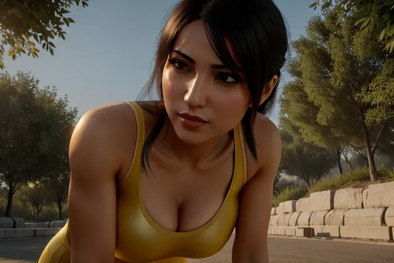 a concept art of,nagehan alci, a turkish journalist, wearing tank top,squatting,natural breasts,five fingers per hand,fishtail hair,charming face,beautiful lips,smooth skin, pale skin,wearing golden ring,bokeh,ultra realistic,cgsociety,cinematic lighting,