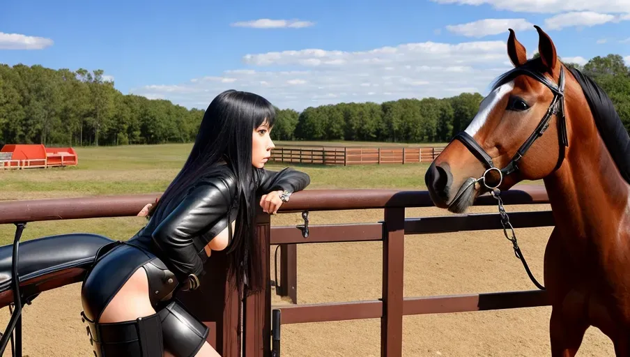 color photo, ponygirl pulling a sulky, leather-clad domme driver, horse stable setting.