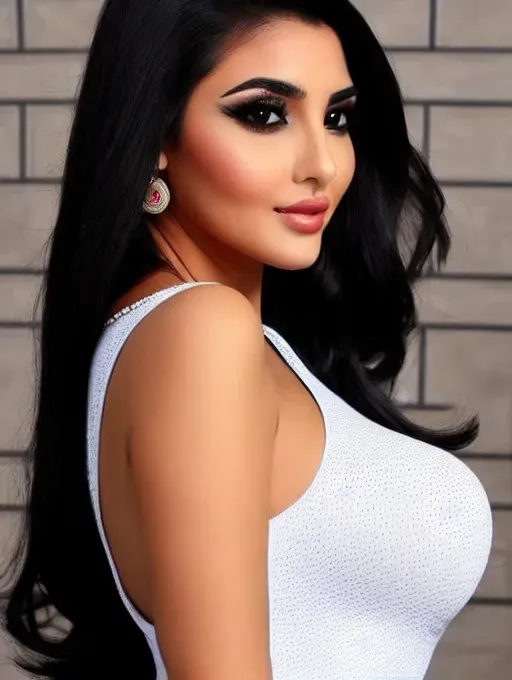 Gorgeous Arab babe, huge gigantic boobs, (gigantic boobs), black hair, photo gorgeous attractive face, beautiful big lips, sexy, slim waist, thin curvy hourglass figure, wide hips, tight black sweater dress, photorealistic, best quality, ultra high resolution