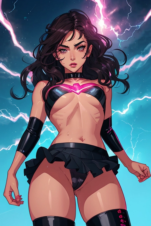 Superhero, sweet, submissive, cute, seducing me, brown skin, mixed race, short braided brunette hair, heavy eyebrows, small nose, blushing full cheeks, full lips, medium breasts, pink and black one piece skirt uniform, lightning emblem on chest, some tummy, full thighs, thick ass, naked, spread ass, throbbing anus, aroused wet vagina, aroused clit, thigh high boots, flying, lightning, I have defeated her, now she is humiliated, she is stripping and taking off her clothes in humiliation, she is defeated, she is submitting sexually to me, ((high definition)), ((4k quality)), ((excellent lighting)), ((great shading)), ((pristine detail)), ((really clear picture)), ((beautiful vibrant colors)), ((accurate at lower prompt guidence)), ((ultra realistic)), (((five fingers per hand))), (((two arms per person))), (((two legs per person)))