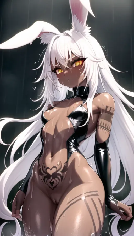 viera, goth, wet skin, flat chest, small breasts, white hair, brown skin, tribal tattoos, ultra realistic, high def, milk, naked, rimlit body, slick with sweat, muscles, strong, rainy night, foggy Longdon street, legs spread, pussy open, squirting