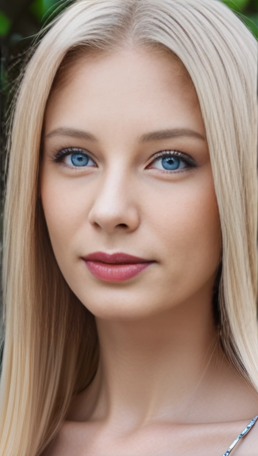 A close up high resolution picture of a beautiful Polish American woman, blonde hair, thin pointed nose, smooth nose bridge, ((natural bags and circles under each eye)), blue eyes, (very thin eyebrows),
