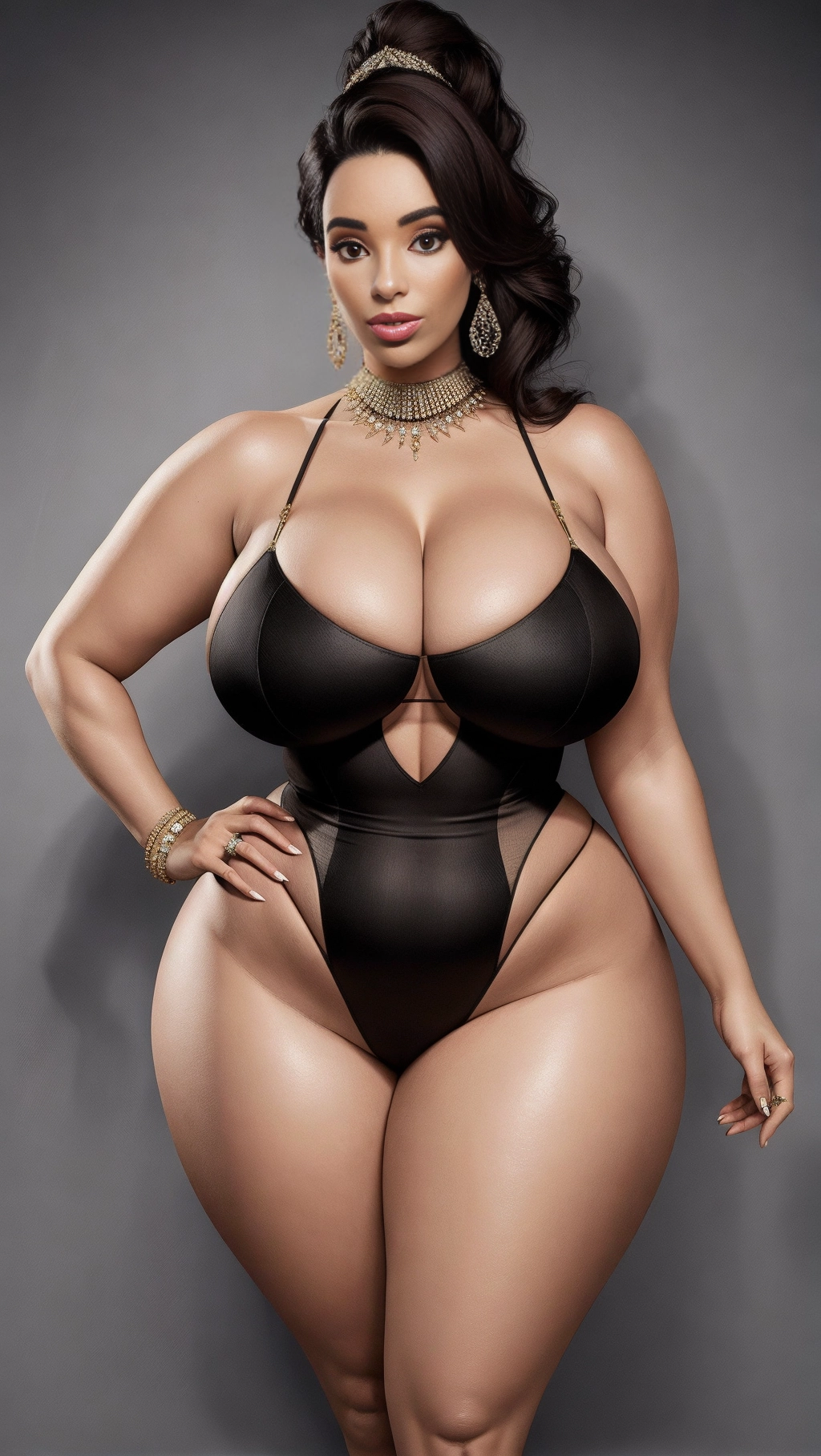Curvy thick body,
She wears expensive designer clothes,