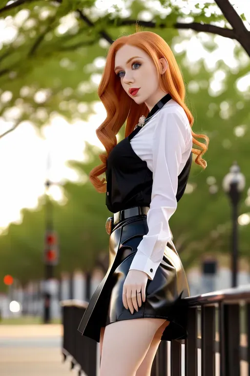 full body, strawberry blonde hair, hazel eyes, short girl, black miniskirt, black high heels, looking at viewer, long hair, pale skin, black necklace, white shirt, 24 years old, big breasts, cute face, pov, wavy hair, city environment, Oklahoma City, wide eyes, erotic, skirt tug