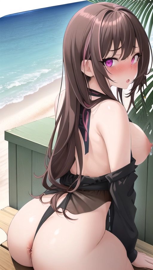 best quality, masterpiece, 1girl,1boy, sex, nsfw, view from the back, looking at viewer, beach background, sun, pink eyes, long hair, brown hair, medium breasts, thicc ass, young horny female, blush, ahegao, embarrassed, rolling eyes back, naked, high waisted thong, laying down, (black crop top)