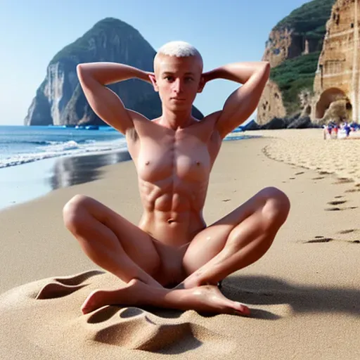 athletic, ((small tits)), naked, ((abs)), beach, pebbles, sun, sunscreen, glistening, muscular, sweating, shaved, adult, short hair, nudist, applying sunscreen, pale, young, (beautiful), goddess, mediterranean