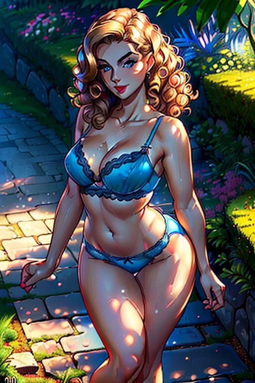 1950s, house mom, milf, beautiful, medium golden curly hair, dark eyebrows, cute blue eyes, concave nose, full lush lips, cute chin, soft and curvy build, small perky breasts, thin waist, thicc ass, full thighs, smooth legs, cute feet, wavy see through gown, 50s bra and panties, walking in midst a garden alone, noontime, ((high definition)), ((4k quality)), ((excellent lighting)), ((great shading)), ((pristine detail)), ((really clear picture)), ((beautiful vibrant colors)), ((accurate at lower prompt guidence)), ((ultra realistic)), (((five fingers per hand))), (((two arms per person))), (((two legs per person))), (((two hands per person))), (((two feet per person))), ((((100 percent according to prompt))))