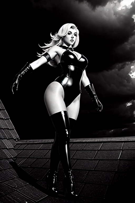 Concept art of a highly detailed black and white line illustration of the beautiful pornographic actress Dee Williams as a latex-clad superheroine leaping from the rooftops while her extremely short miniskirt reveals the latex thong beneath, in the style of Michael Manning, mm-art, 4K, dramatic lighting, stormy background, avenging angel, perfect face, beautiful face, swinging down, upskirt, muscular physique, 6-pack abs, <lora:manga_lineart:1>, thigh-highs, tight latex, nipples