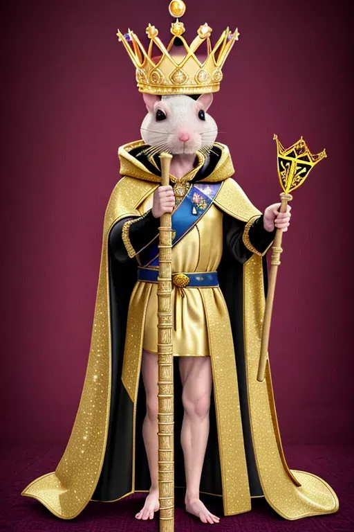 a photo of a ceramic rat looking regal wearing a royal robe and cape with a gold crown and a diamond encrusted scepter show full body head to toe