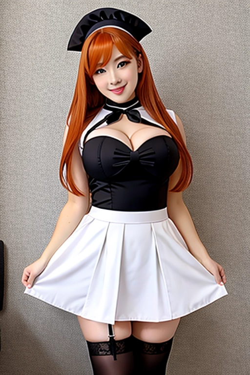 8k quality, brown eyes, pale white skin, orange hair, giant breasts, cleavage, looking at viewer, pov, long hair, wavy hair, full body photo, standing in room, smiling, black maid uniform, miniskirt, high heels, black knee high boots, black choker