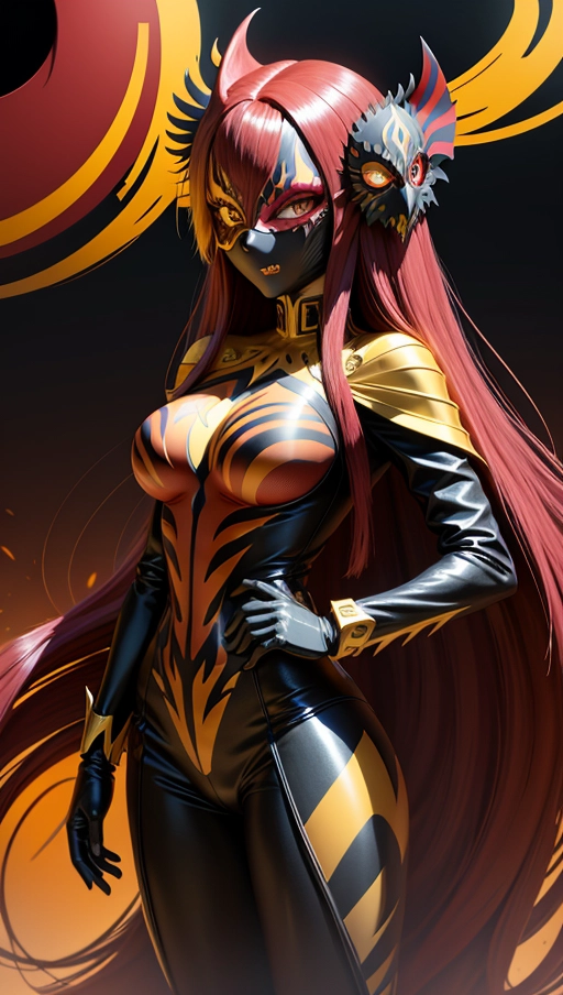red and yellow symbiote, ((hair-raising symbiote)), ((red and yellow symbiote goo)), (((burgundy red long hair with yellow strands))), ((red and yellow symbiote suit)), (yellow strands), (((((symbiote goo face masquerade))))), (((((symbiote goo hair)))