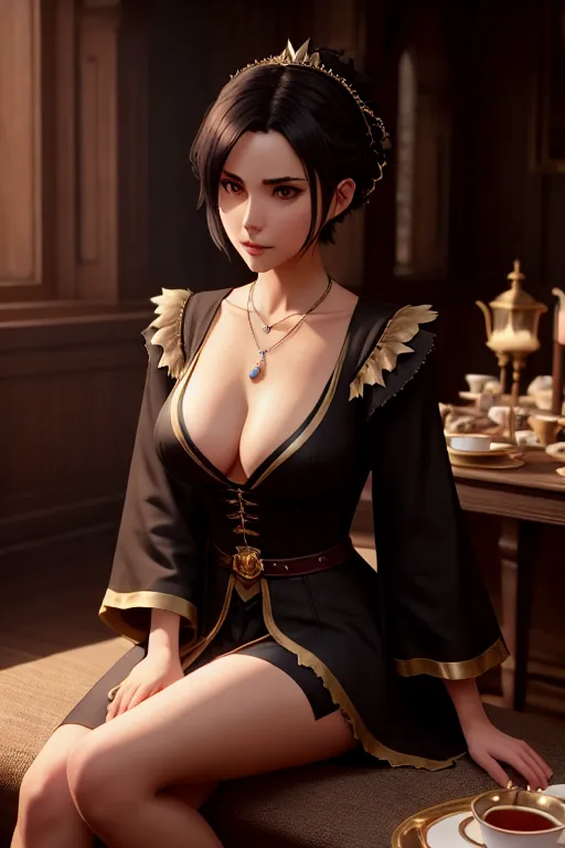 a photo shot of,emilia,wearing mage clothes,sitting on bent knees,in a tea party,small breasts,five slender fingers,short hair,beautiful face,beautiful lips,black eyes,curved eyebrows,peaceful,wearing necklace,pixiv,artstation,sharp focus,unreal engine,cinematic lighting