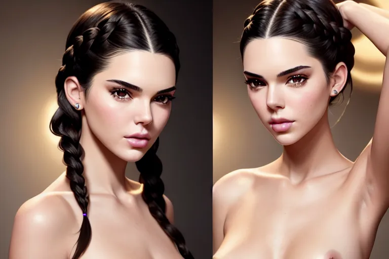 a photo shot of,kendall jenner,naked,standing,indoor,small breasts,five slender fingers,braids hair,charming face,beautiful lips,black eyes,curved eyebrows,pale skin,wearing golden ring,studio lighting,highly detailed,cgsociety,ultra realistic,sharp focus