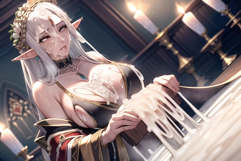 Sophisticated enlightened Tall huge Elf Queen (cum drenched with torn royal dress:1.3) <lora:bukkake:1>, ahegao, throneroom, indoor, candles, loads of jewelry, necklace, flora, flowers