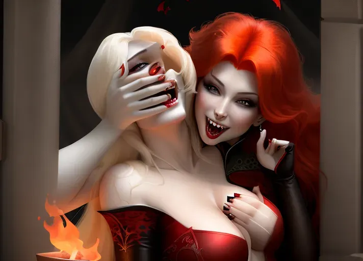 Sexy beautiful vampire adult auburn-haired Queen Anna of Arendelle rising from her royal coffin on Halloween. Her red eyes aglow with unholy thirst as she bares her long sharp fangs with an alluring smile tainted with hunger. A thirst she seeks to quench as she hypnotizes and embraces her still human sister from behind, platinum blond Elsa of Arendelle, sinking her fangs into the neck of her good kind innocent sister. photorealistic. High resolution.