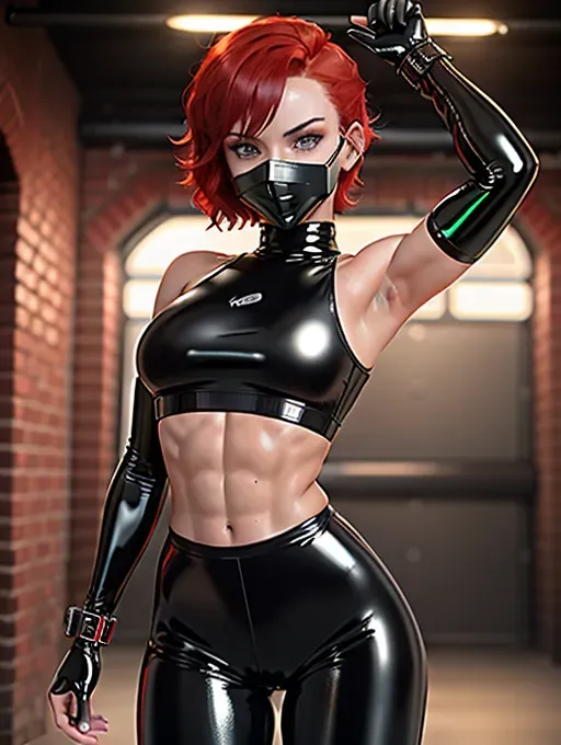 Thin and muscular irish girl with short length red hair and no breasts wearing tight leather pants and a tight leather shirt with green eyes and freckles on her face, black domino mask over eyes, (((red latex top))), bare midriff, defined abs, six-pack, (((black latex pants))), black background, domino mask