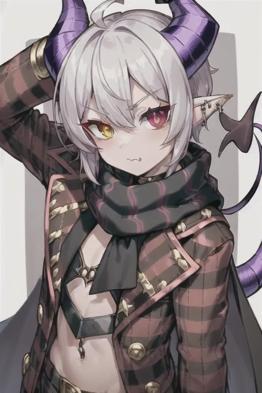 best quality, masterpiece, solo, solo, jackal imp demon hybrid , 1 male only, demon, posh , well groomed, loops rings piercings , jackal imp creature , rags cape, horns, art thief, circus ringleader checkered jacket, demonic look in eyes, solo, black and white checkered scarf around neck, sharp jagged tail, short dragon humanoid, heterochromia, cute look in eyes, masterpiece, brown shorts, neck ring, colorful shirt, ringmaster jacket, short length hairstyle single strand of hair curls on top of head, antenna hairstyle ,red cute eye, Grey white eye, imp demon, body shiny, ,cute look in eyes, cute imp demon , royalty ,horns, boss, badass , masterpiece quality 8k