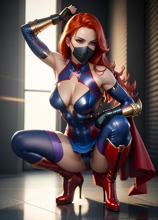 superhero, beautiful woman, red hair to shoulders, tight blue and purple body suit, sexy suite with short skirt showing lot of clevage, gloves, knee high boots with high heels, superhero mask, perfectly toned and slender body, abs, small breasts, very pretty face, Highly detailed Eyes, arched eyebrows, senusal expression, perfect composition, hyperrealistic, photorealistic, pretty face, dramatic action Pose, crouching stance with raised arms, full body view, Highly detailed, bright lighting, perfect composition, hyperrealistic, super detailed, high quality, trending art, trending on artstation, sharp focus, intricate detail, extremely detailed, centered, full frame, photorealistic, vivid contrast, vivid colors, 3dcg, 3d, render, 8k, UHD, HDR, Masterpiece, best quality
metropol city setting, on top of sky scraper