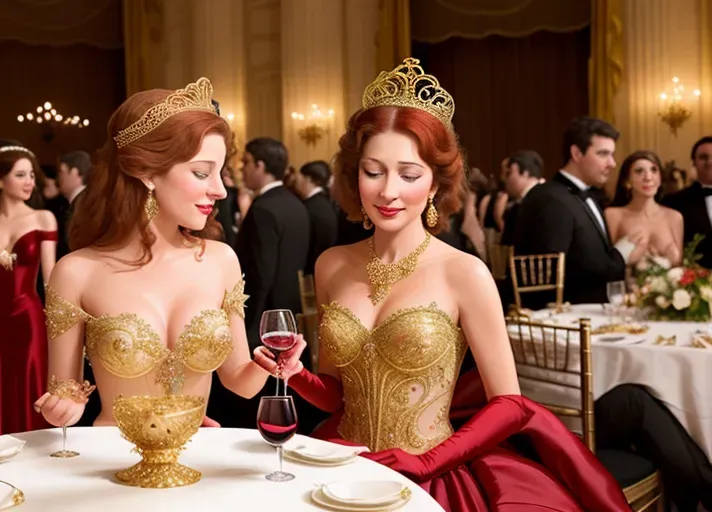 amidst the revelry of a grand late eighteen hundreds French masquerade ball, where everyone is wearing ornate masks, a clumsy servant trips spilling red wine on beautiful, auburn haired, round wide blue eyes sexy Queen Anna of Arendelle wearing a satin, pearl and gold mask, and a pristine brilliant white heirloom ball gown. An opportunistic Marquies De Sade looking on. photorealistic. High resolution