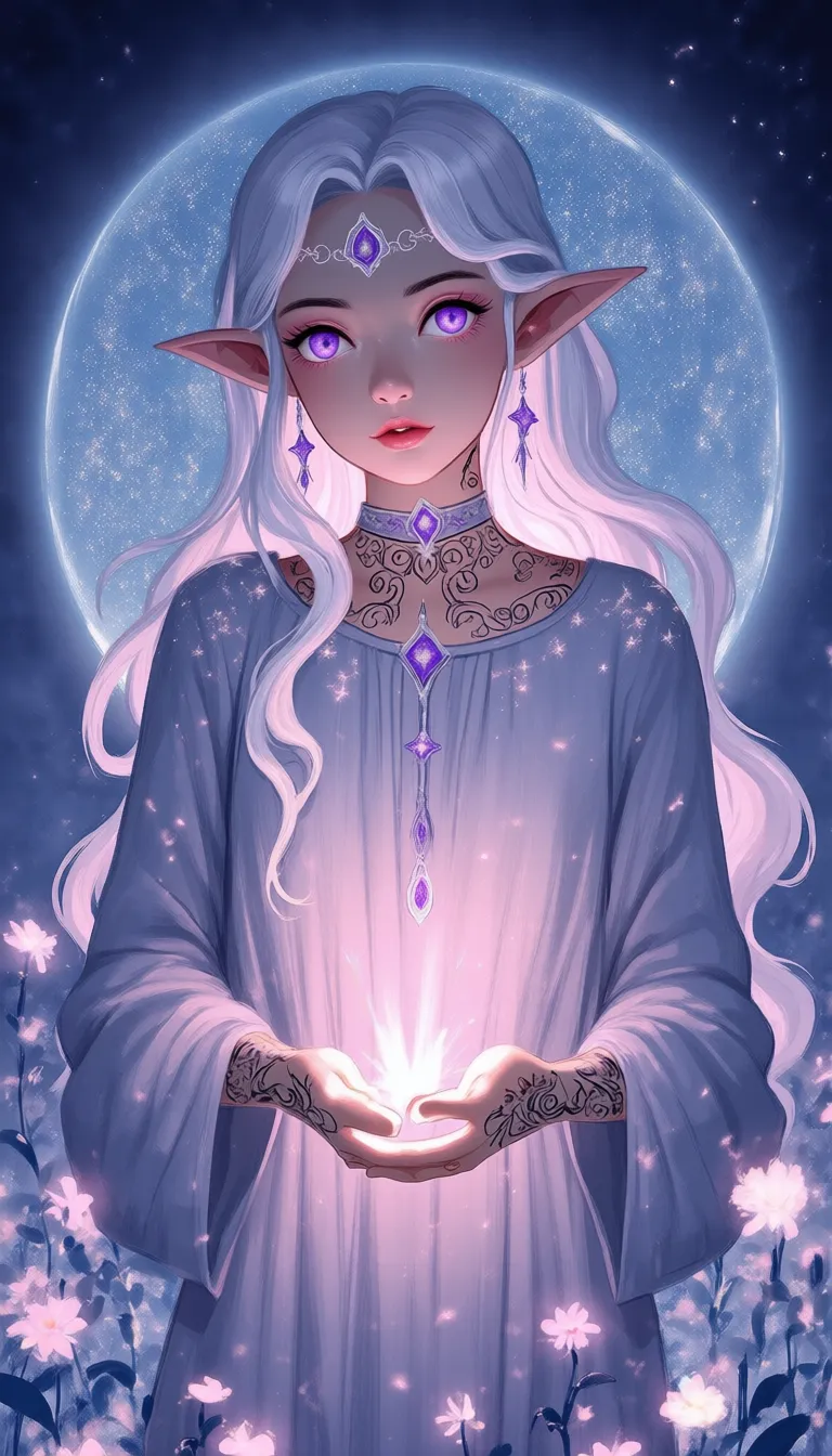 VectorPaintDaal,
An elven woman with flowing silver hair, deep violet eyes, and faintly glowing tattoos curling around her hands. She is wearing a loose tunic adorned with tiny embroidered stars, standing in a whimsical garden where the flowers gently sway as though alive, and a glowing moonlight highlights the scene in soft pastel tones.