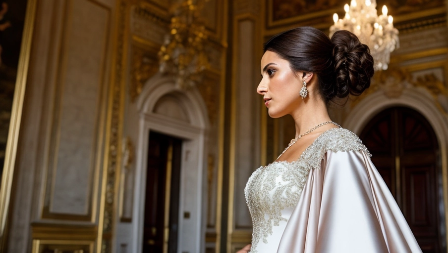 voloptorous french lady, wearing a modern baroque dress, is parading in a luxury palace, close up, mysterious look, side view , low angle, professional take