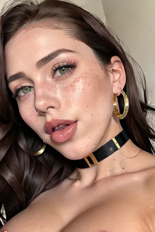 a highly detailed full body photo of a 20yo,short curly ultra dark crimson hair, pale skin, sexy pose, big bimbo beautiful breasts, pink nipples, freckles on face, green eyes, dpmg_awaitingtongue_v1, big bush, beautiful eyes,choker, big gold hoop earrings,luscious full lips,<lora:bukkake:1>