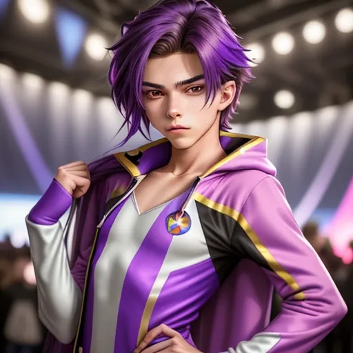 A soft-featured teenage boy with an androgynous face and long, styled hair, dressed in detailed female cosplay, striking a confident pose. He wears a vibrant, super-heroine inspired onesie costume. Natural makeup accentuates his delicate features. The background is a convention setting filled with colorful banners and other cosplayers. Shot in cinematic lighting with shallow depth of field.