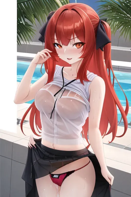 A picture of a redhead catgirl wet t-shirt and panties, grab her own tit, lift, she looks like she REALLY enjoys it,seducing, pildrive