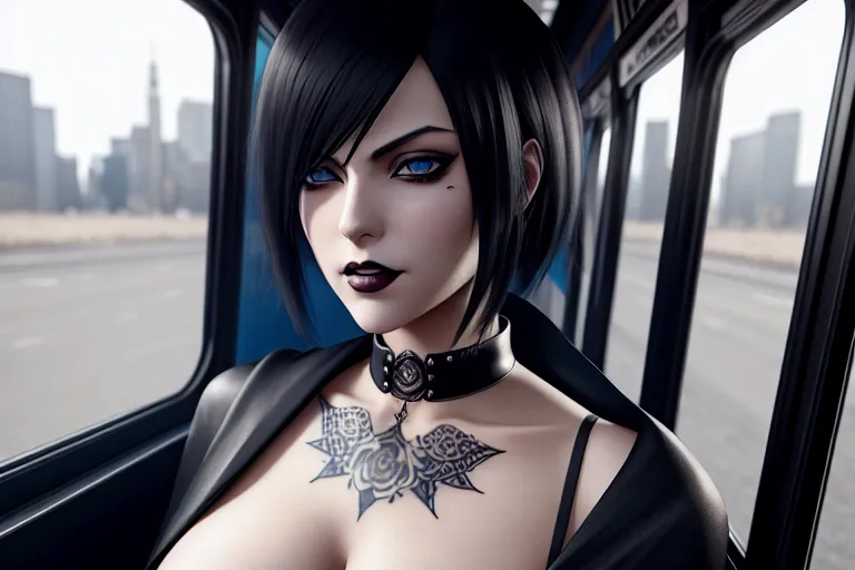 a photo shot of,mikasa ackerman,wearing goth clothes,standing,in the bus,natural breasts,five slender fingers,beautiful face,beautiful lips,blue eyes,curved eyebrows,curved eyelid,textured skin,joyful,tattoo,editorial,surreal,ultra realistic,artstation,8k