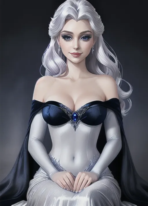 Beautiful glamorous sultry Queen Elsa of Arendelle with her sapphire eyes, purple eyeshadow, warm smile and platinum hair, in a dark blue velvet off the shoulder gown with white fur trim around the shoulders. dark blue light weight silk cape stemming from midway between her shoulders. photorealistic.