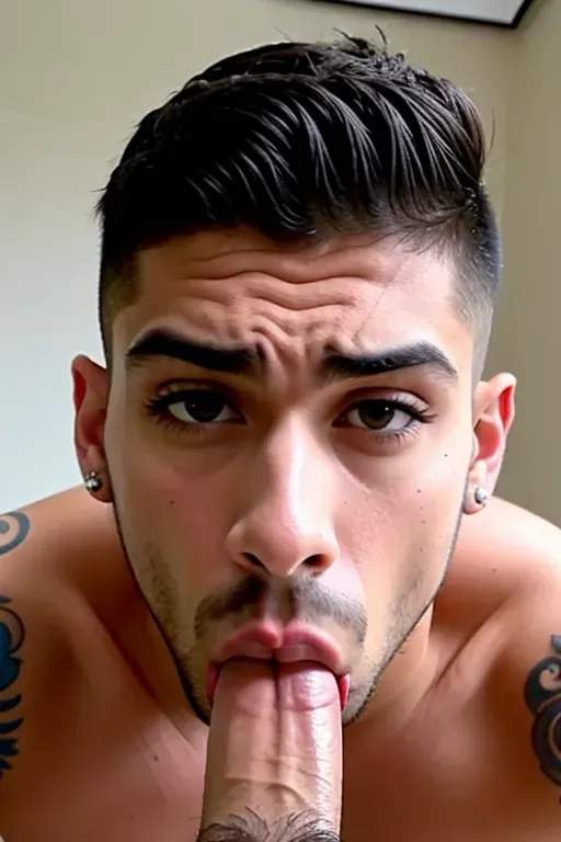 masterpiece realistic, best high quality, blowjob, suck, fully nude zayn malik with erect penis in mouth, cum on face, eyes