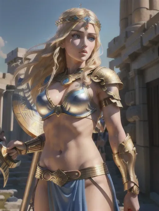 My pov, Greek goddess Athena holding spear in right hand, holding shield in left hand wearing Corinthian battle helmet,
Wearing breast plate,
Wearing tunic,
realistic detailed blonde hair, ((realistic detailed gorgeous facial features)),
(realistic detailed blue eyes), (realistic detailed blonde eyebrows),
Gorgeous slender strong body,
((Small realistic detailed breasts), exposed breasts, exposed shaved pussy,
Body oriented towards viewer, Looking directly at viewer,
8K, hyper-realistic, ultra-realistic photorealistic, 3-D, fine details, 5-hands, sharp focus, pixiv,
Sexy, brave