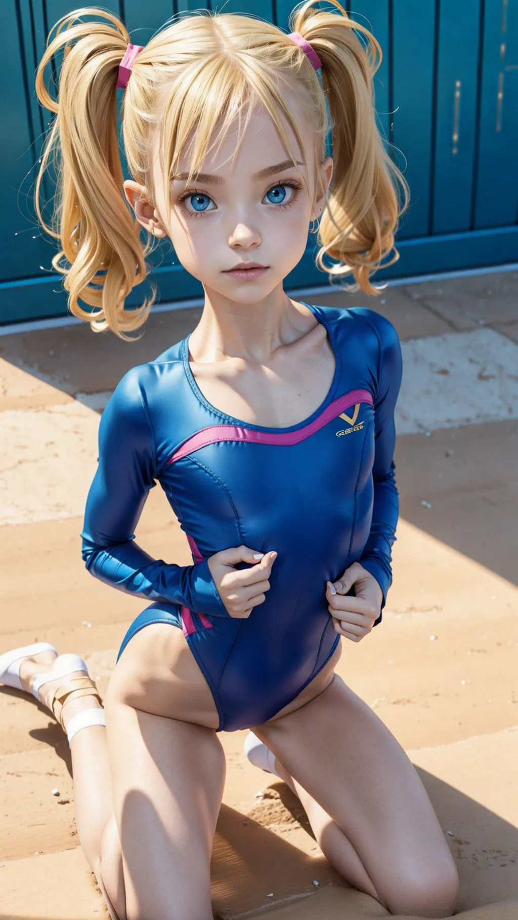 cute, adorable, petite, flat chested, skinny, tiny waist, slender thighs, young, gymnast, skintight colourful sleeved leotard, blonde hair, blue eyes, pigtails, kneeling, looking up at camera,