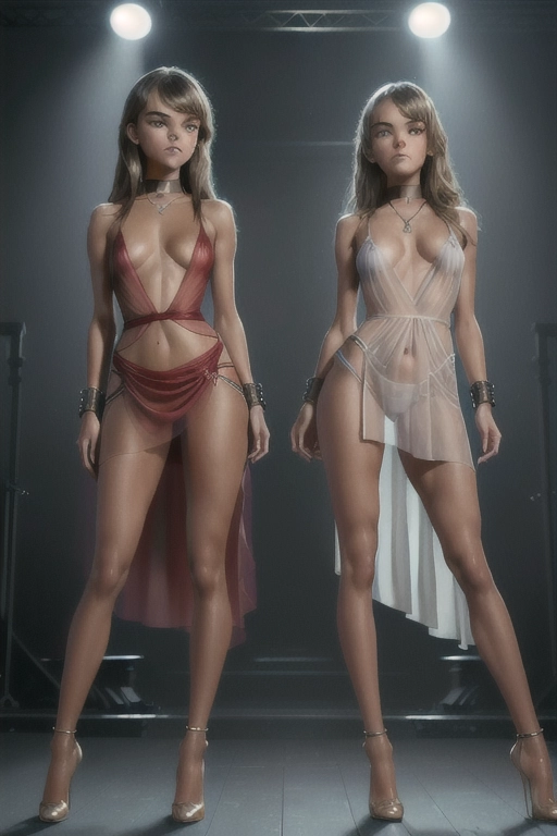 64K, photorealistic, UHD, extremely detailed, color photograph of 18 year old ((perfect blending of Kristina Pimenova and Maia Mitchell)), (((identical)) twin sisters), sex slaves in a crowded very expensive exclusive club, tanned, skinny, athletic, thigh gap, hip bones visible, medium breasts, perky breasts, (hard nipples), tight pussy, braless, no bra, (no panties), (slave collar, wrist cuffs, ankle cuffs), thin see-thru fabric, clinging extremely short dress, crotch length see-thru dress, plunging neckline to waist, dress slit to waist, (hard nipples visibly pressing on inside of dress), breasts visible thru dress, pussy visible thru dress, smiling, eager to please, eager for sex, highly detailed face, (show full body),
ultra realistic, hyper realistic