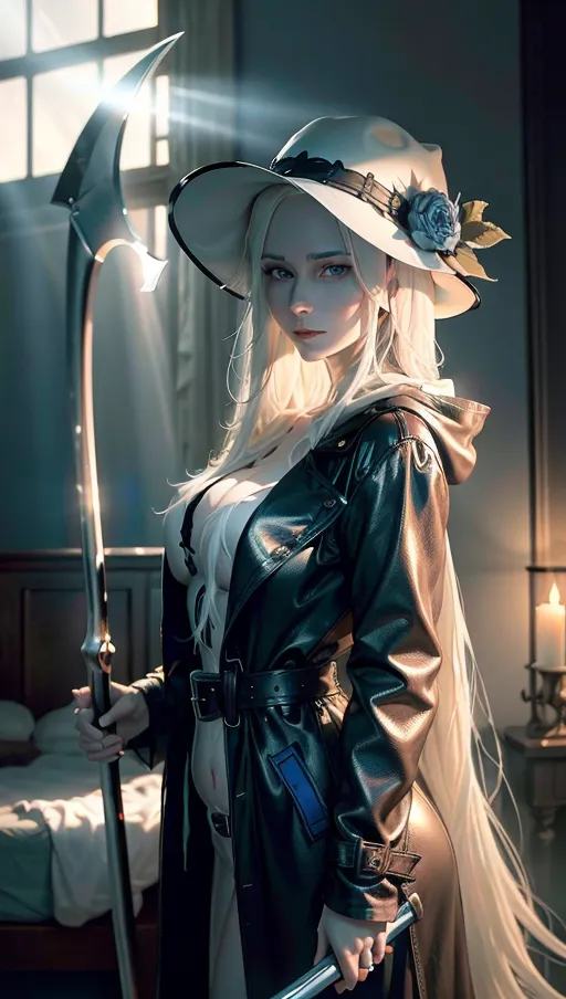 A professional photograph, (1 hot woman Grim Reaper (36) (naked) in a (very long black leather trench coat) is ((holding firmly the grip of a scythe)) next to a dead body in a bed), ((front view)), (hood on her head), she has extremely long (white hair), soft (white skin:1.8), (warm smile:1.2), (softness:1.6), (close-up face:1.3), (steam:1.6), perfect breast, beautiful ((big (shiny blue) eyes)), beautiful lips, beautiful face, highly detailed, perfect hands, five fingers per hand, bright sunny day light flowing with (god rays:1.3) from side windows, dead body in a bed, ((dream atmosphere)), cinematic lighting, ((cinematic composition)), 32k, HDR, highest quality, highest resolution, (photorealist:1.72), (photorealism:1.72), (masterpiece:1.18), --s 750 --v 5.2
