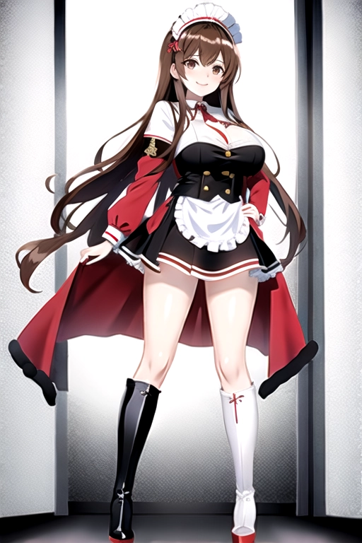 8k quality, brown eyes, pale white skin, brown hair, giant breasts, cleavage, looking at viewer, pov, long hair, wavy hair, full body photo, standing in room, smiling, black and red maid uniform, miniskirt, high heels, knee high boots