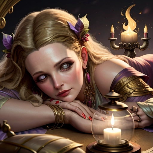 Drew Barrymore, fey goddess,casting a sleeping spell, sleepy, half-lidded eyes, slumped forward,