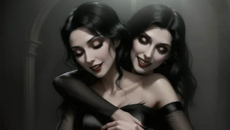 two figures in a dark and foggy goth club. An evil sexy sensual slightly taller dominant female black straight haired vampire with a wide toothy predatory smile, taking her human victim in her arms caressing sexually arching over as she bites the neck of her victim
fearful and seeking to escape, Innocent, good girl with light reddish-auburn gentle wavy hair, light make-up, good girl mid-twenties Anna of Arendelle, entranced lips agape in horror, eyes half closed in a modest elegant soft green Nordic ballgown.
photorealistic. High resolution