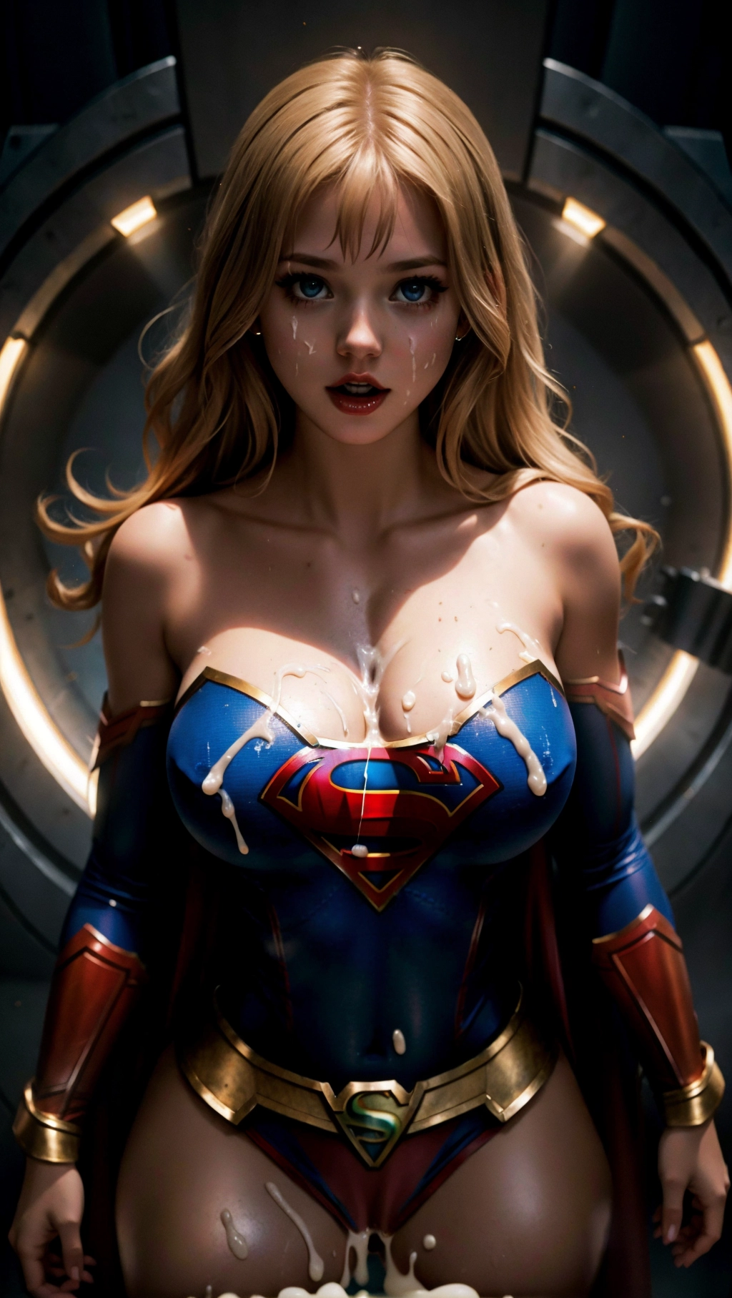 Defeated slutty (Supergirl)) woman, wearing a torn costume, erect nipples, large teardrop breasts, (experimented:1.4) on in a creepy alien torture chamber, (presenting her visible vagina, dim spores illuminating the scene, her naked large breasts and body visible through the costume, detailed, accurate face, delicate feminine facial features, 8k, ultrarealistic, (cum:1.4),