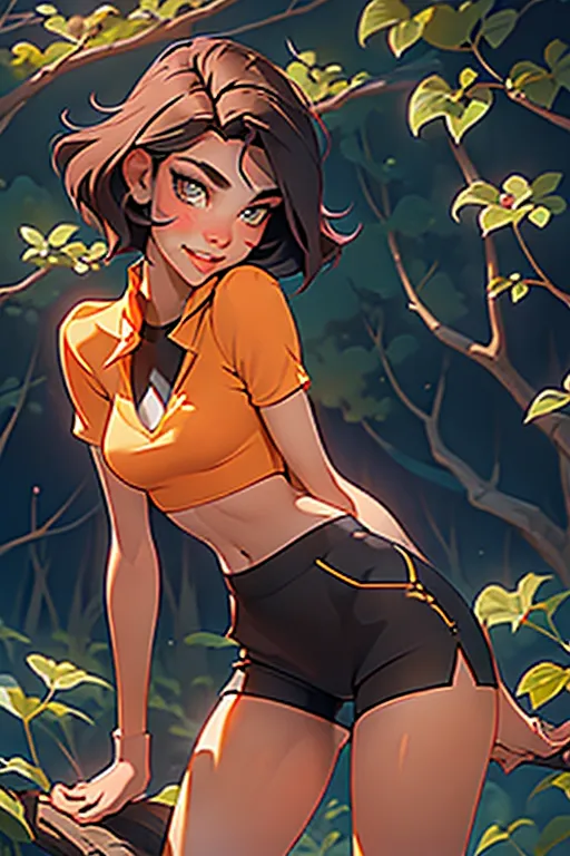 A tall gorgeous svelte 18 year old skinny thin girl, (looking at me), looking into camera, seductive I am going to fuck you expression, sexually inviting smile, short semitransparent cropped shirt, revealing nipples, displaying underside of breasts, unbuttoned short shorts, short shorts worn open, revealing realistic pubic hair in fly of short shorts, revealing cameltoe, sexually aroused, sexually excited, ((((flirting with me)))), hiking in the woods