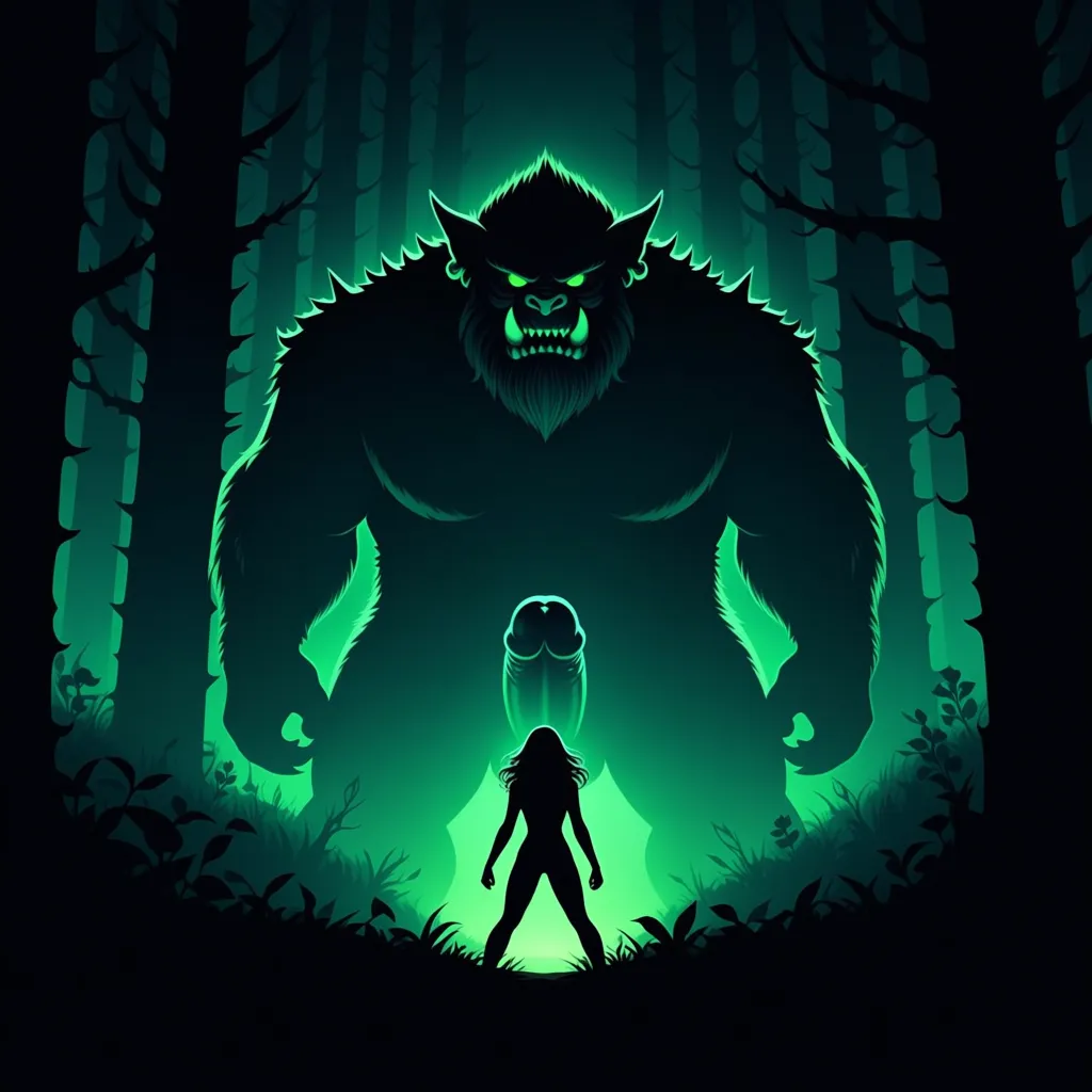 Background is dark evil forest, in the darkness a giant male monster with spikes looms, it has a giant erect human looking cock and balls, ((giant penis)),
In the foreground is the silhouette of a girl, dwarfed by the size of the monster, she is naked and she stands with her legs apart, ready to face the monster,
((Fantasy book cover style)),