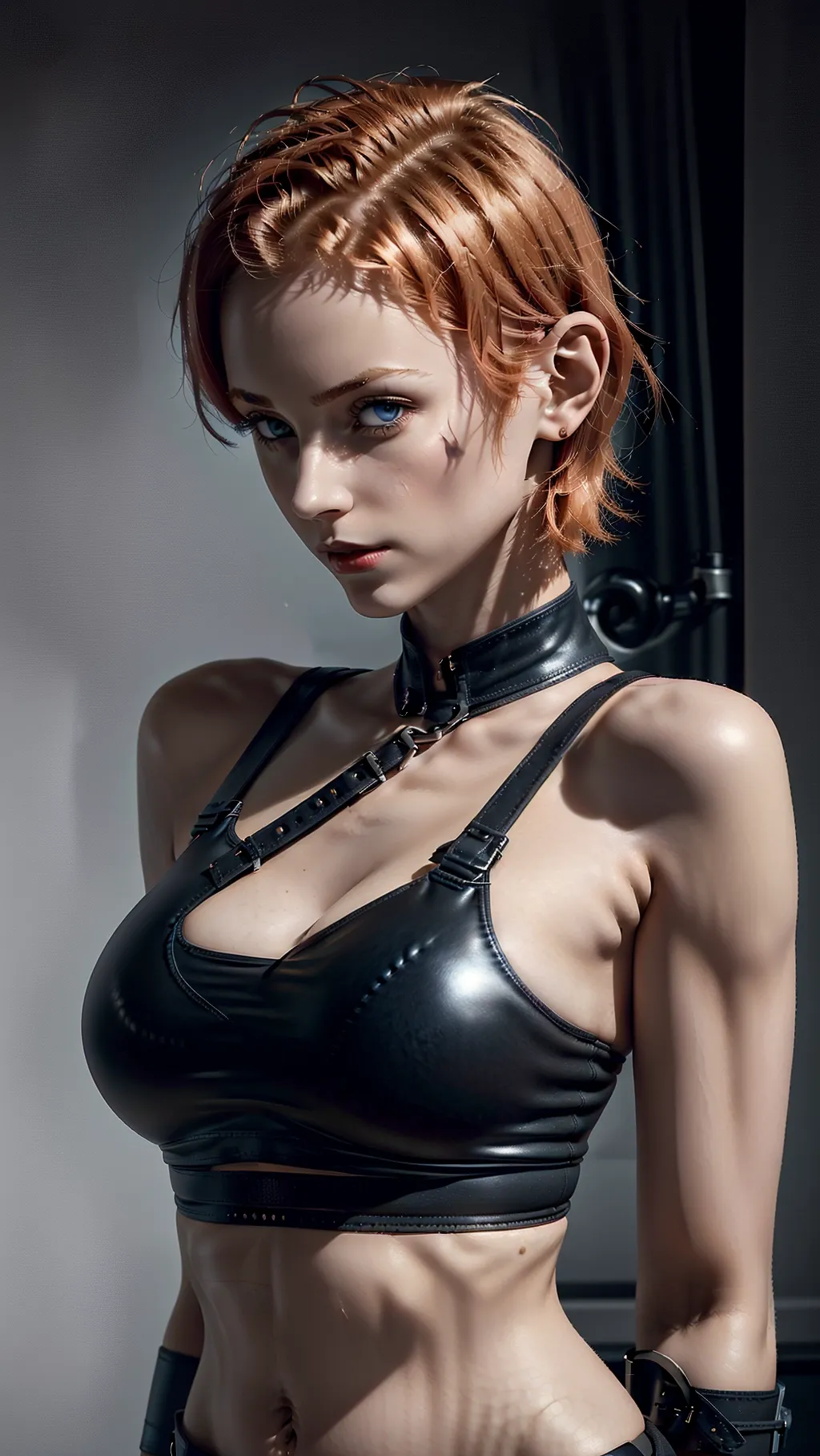 Female, short shaved ginger hair, flat chested, slim petite athletic, wearing a black leather bodice
