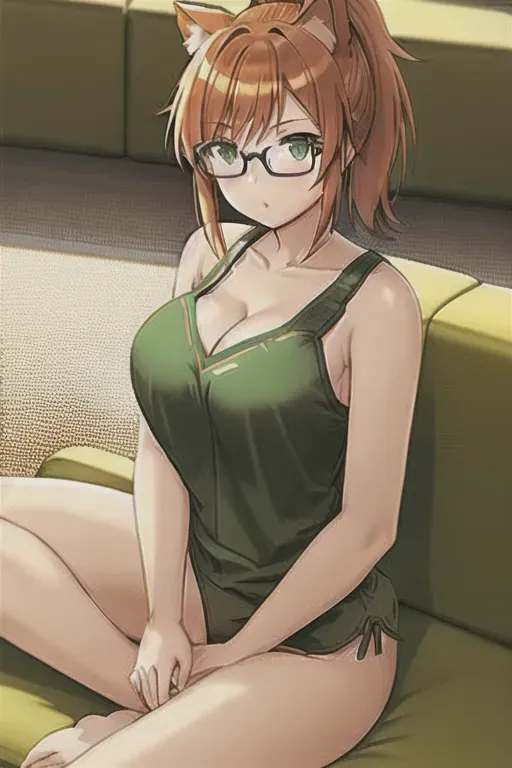 a ginger catgirl, green eyes, high ponytail, ponytail, glasses, sitting, couch, sitting on couch, cute, revealing pajamas, cleavage, tanktop, tank top