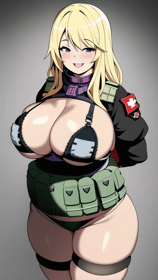 Hot blonde, smiling, chubby, voluptuous (((suicide bomber))), huge breasts, european, blonde hair, nude, tactical vest, wearing an explosive vest (suicide bomber:1), sports bra, were hips, thick thighs