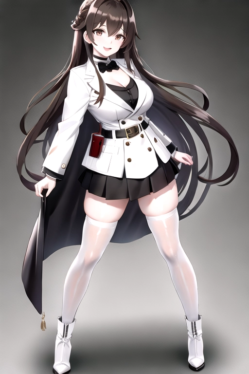 8k quality, gray eyes, pale white skin, brown hair, giant breasts, cleavage, looking at viewer, pov, long hair, wavy hair, full body photo, smiling, black miniskirt, tights, black dress, white jacket, white boots, black choker, thick black belt, high heels