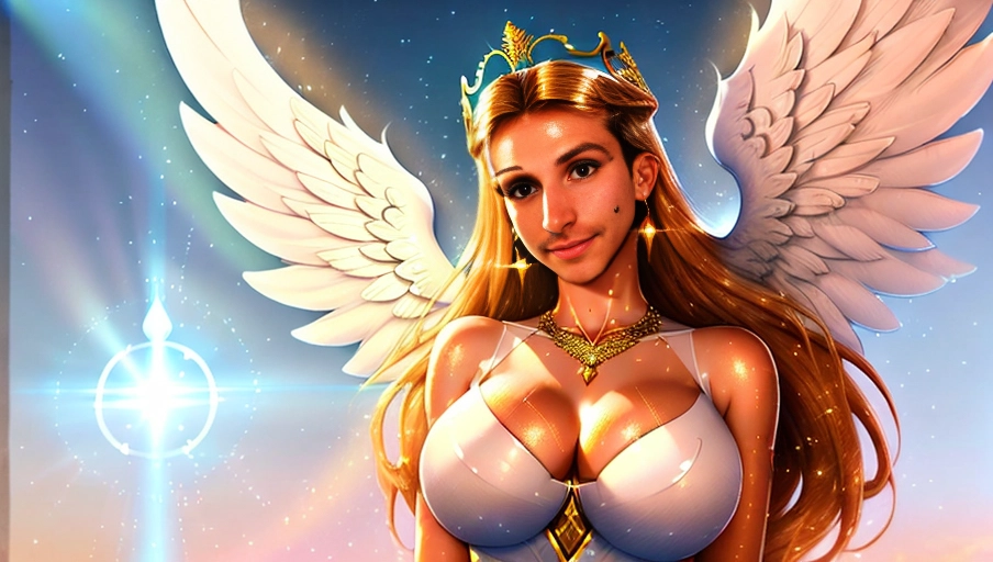 a 64k high detailed photo of body shot of straight Female HDR Professional ((In clothing))) ((Has Attire)) Godly Ultra Detailed Best Quality Most Detailed ((Angel Wings)) Angelic Lighting Love Hope Magic casting Crown Smiling King happy Glory Warrior Angels Angelics Positivity Happiness ecstasy enraptured sweaty saving God Royalty Morality Goodness True Good Power Force Authority Ethical Saviour orgasm face Halo short Hair Always and Forever Sentimental in heat hot ultra hot best best lighting tantric Neutral Brilliant Logical Compassionate Perfect Perfection Exciting Integrity Winged Courage Purity Harmony Beauty mark on upper lip ((Female)) Ethereal Lighting Celestial Lighting (((With Clothes))) ((With God Item)) ((God Tech)) with items of power God Wings