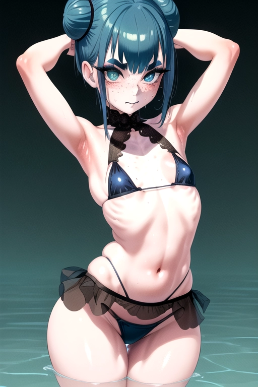 High resolution, american girl, goth, erect nipples, long eyelashes, petite, blushing, sharp eyebrows, 1girl, photorealistic, big tits, detailed, (bright aquamarine hair), freckles, (black lipstick:1), short hair, sharp eyebrows, hair in two buns, rosy cheeks, highly detailed, wet dripping water, thick thighs, slim waist, small skinny body, wearing small bikini, arms up